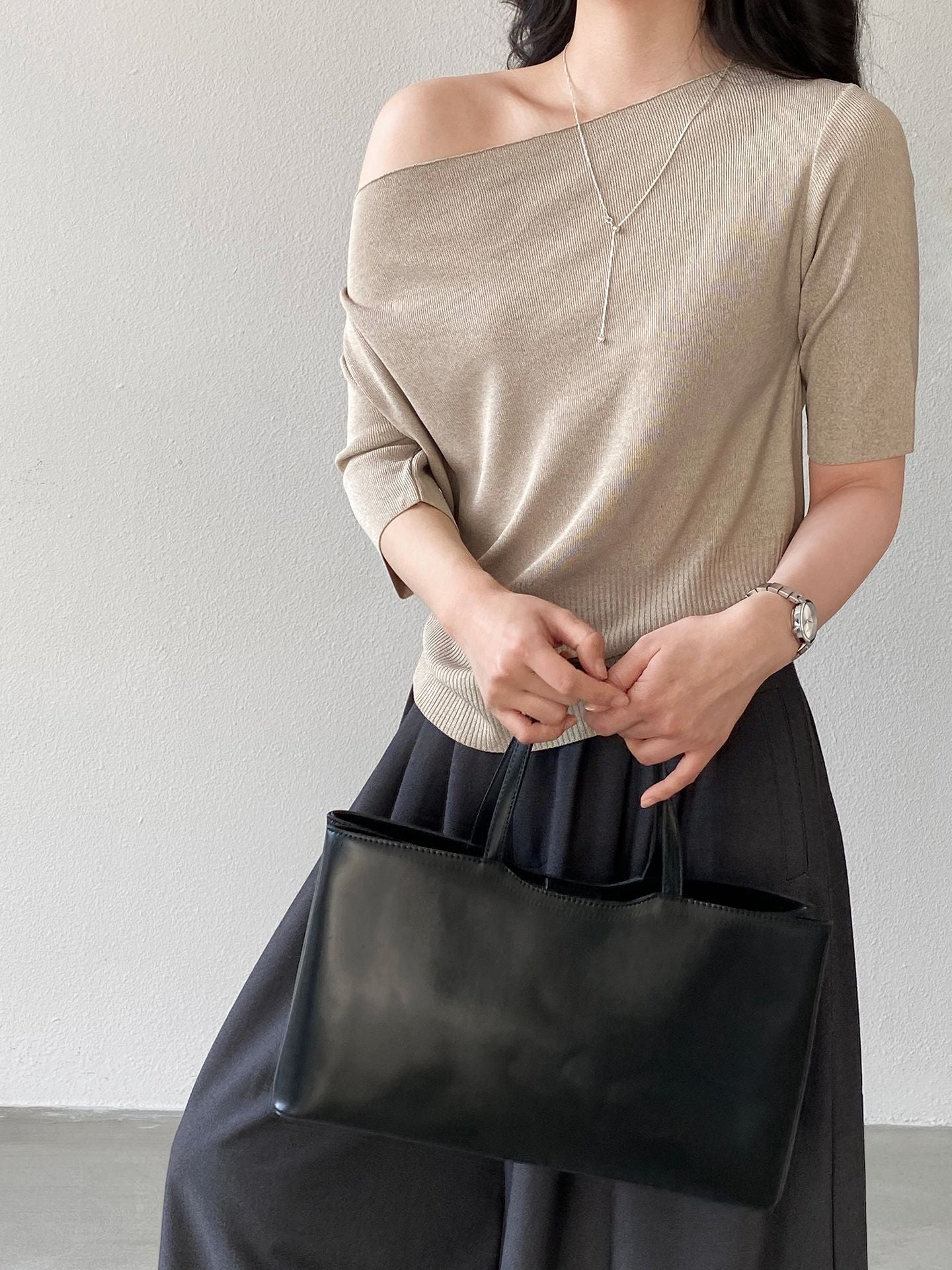 韓系顯瘦氣質蕩領中袖針織上衣-3色