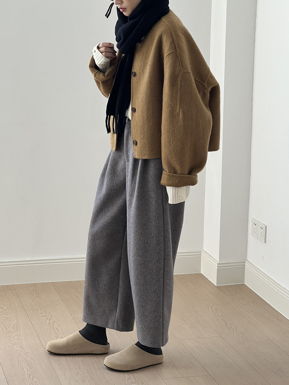 (48H出貨)毛呢高腰毛呢寬鬆直筒九分褲-2色