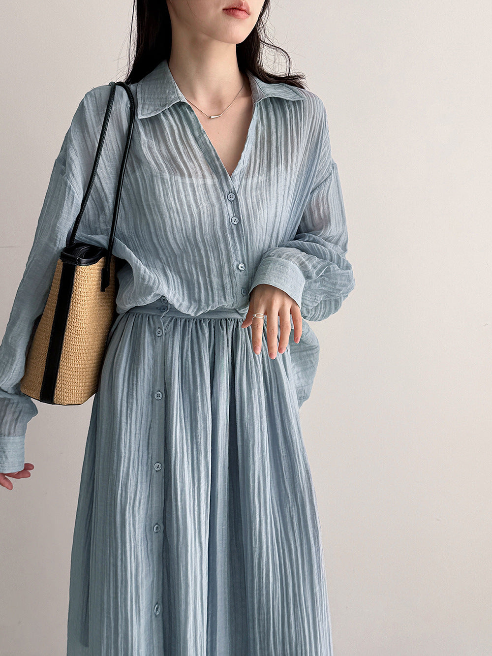 復古慵懶春感打褶襯衫+休閒半身裙-兩件式套裝-3色