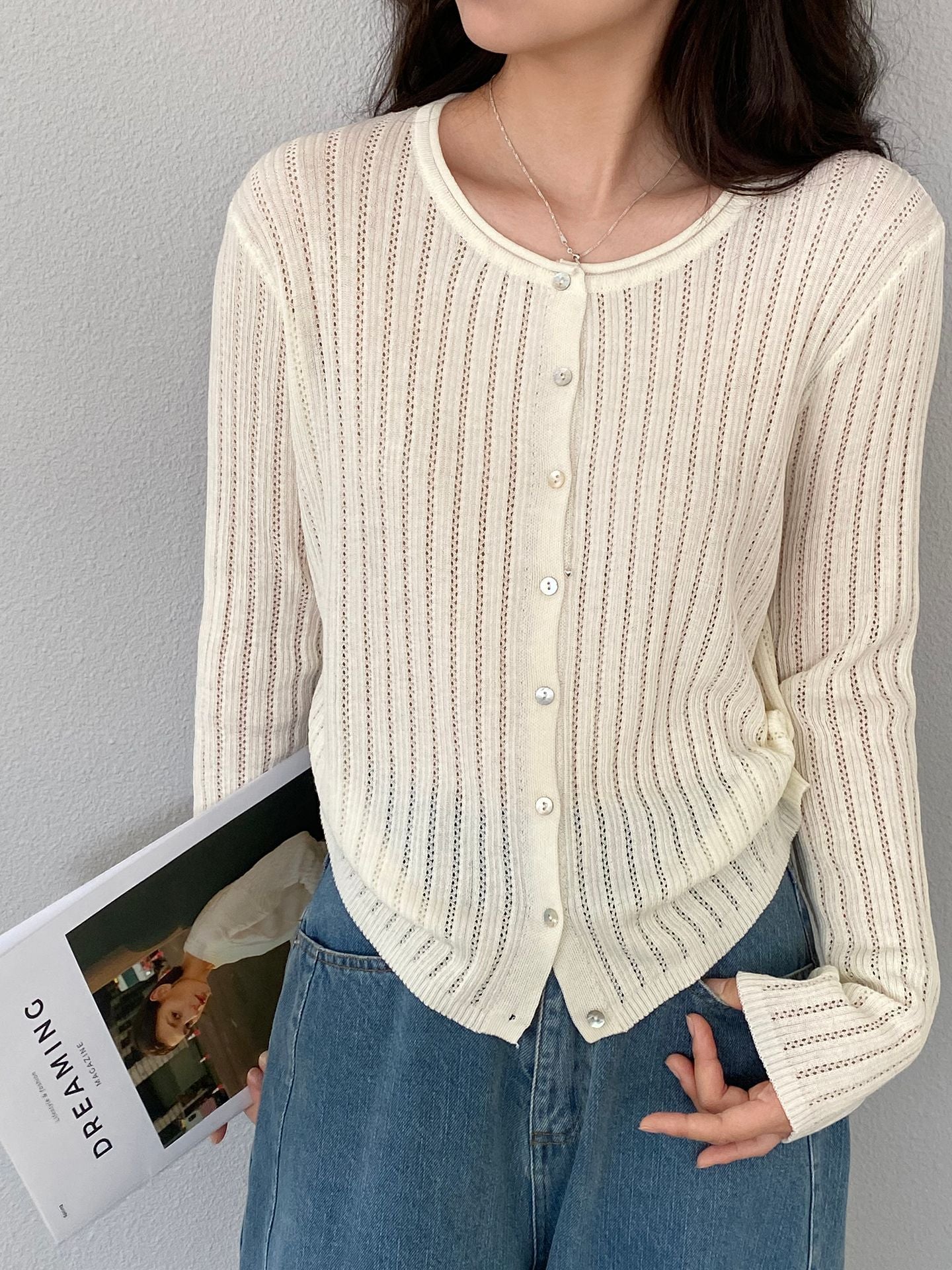 韓系羊毛卷邊領鏤空薄款針織開衫-4色