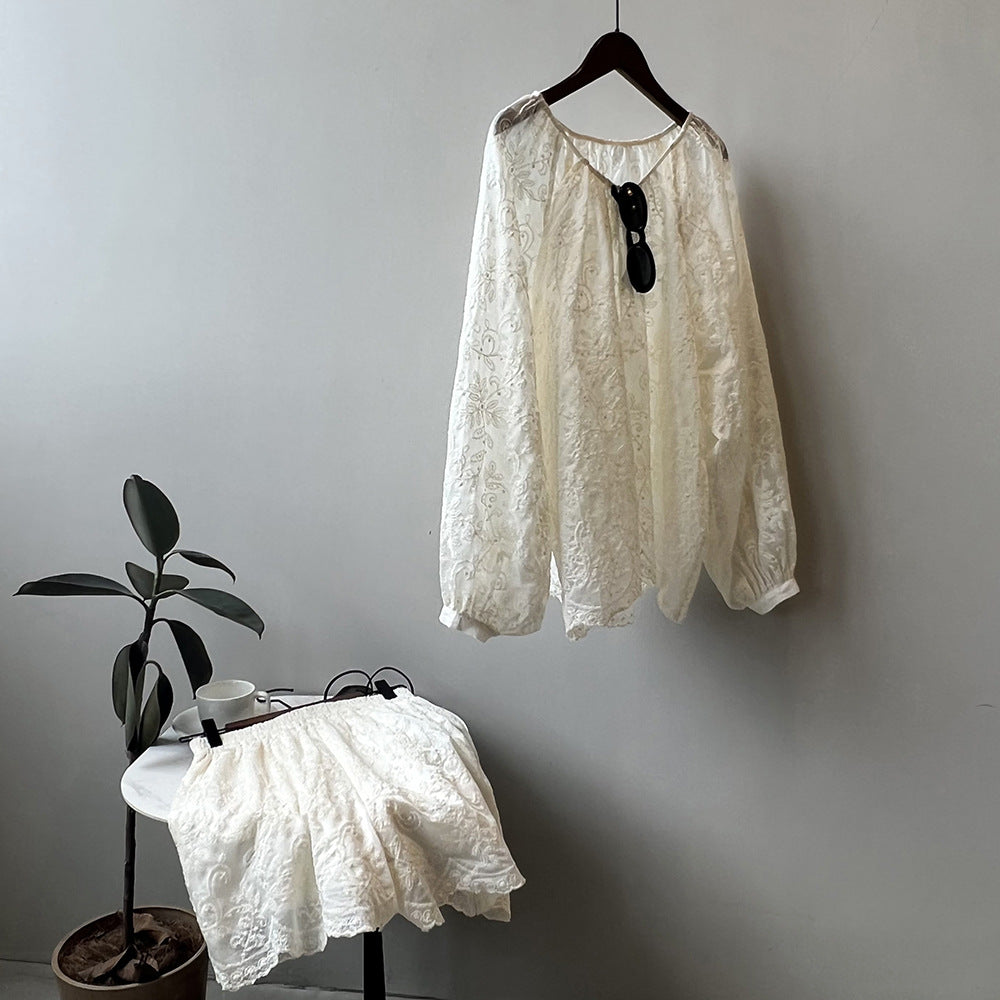 天絲刺繡長袖氣質刺繡上衣+短褲兩件套