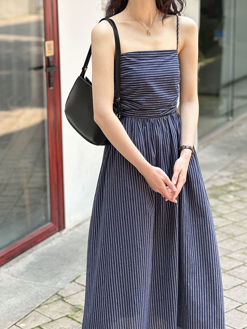 (48H出貨)法式氣質條紋吊帶抹胸連衣裙-2色