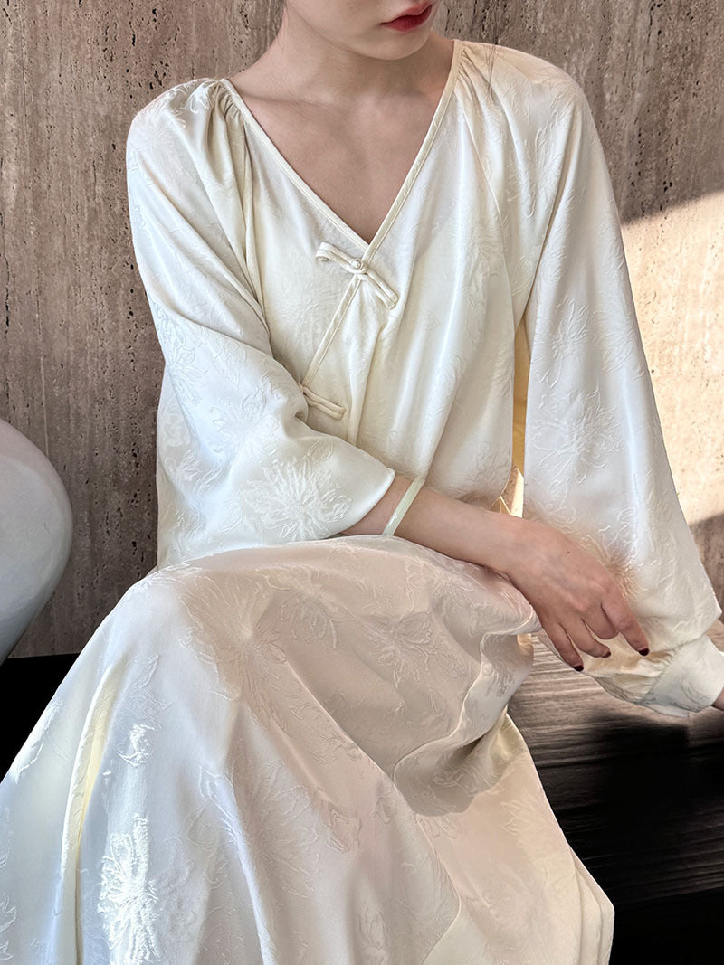 新古典慵懶盤扣緹花連衣裙-2色