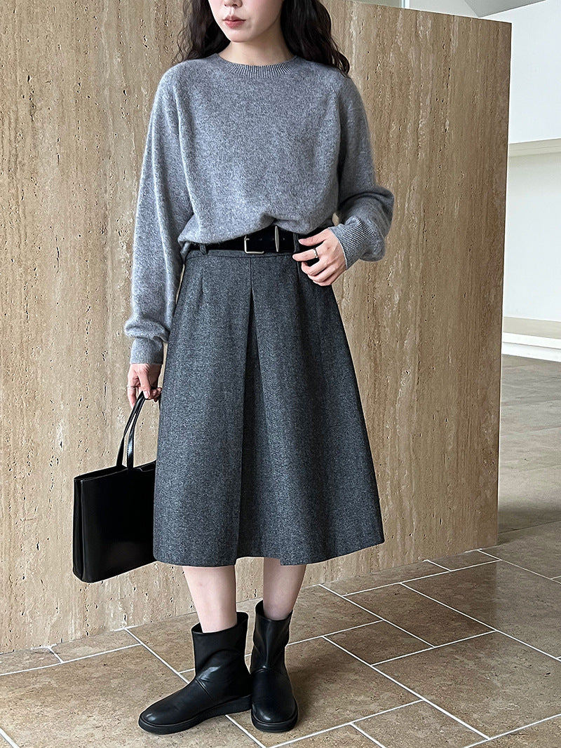 韓系羊毛毛呢高腰顯瘦半身裙+腰帶