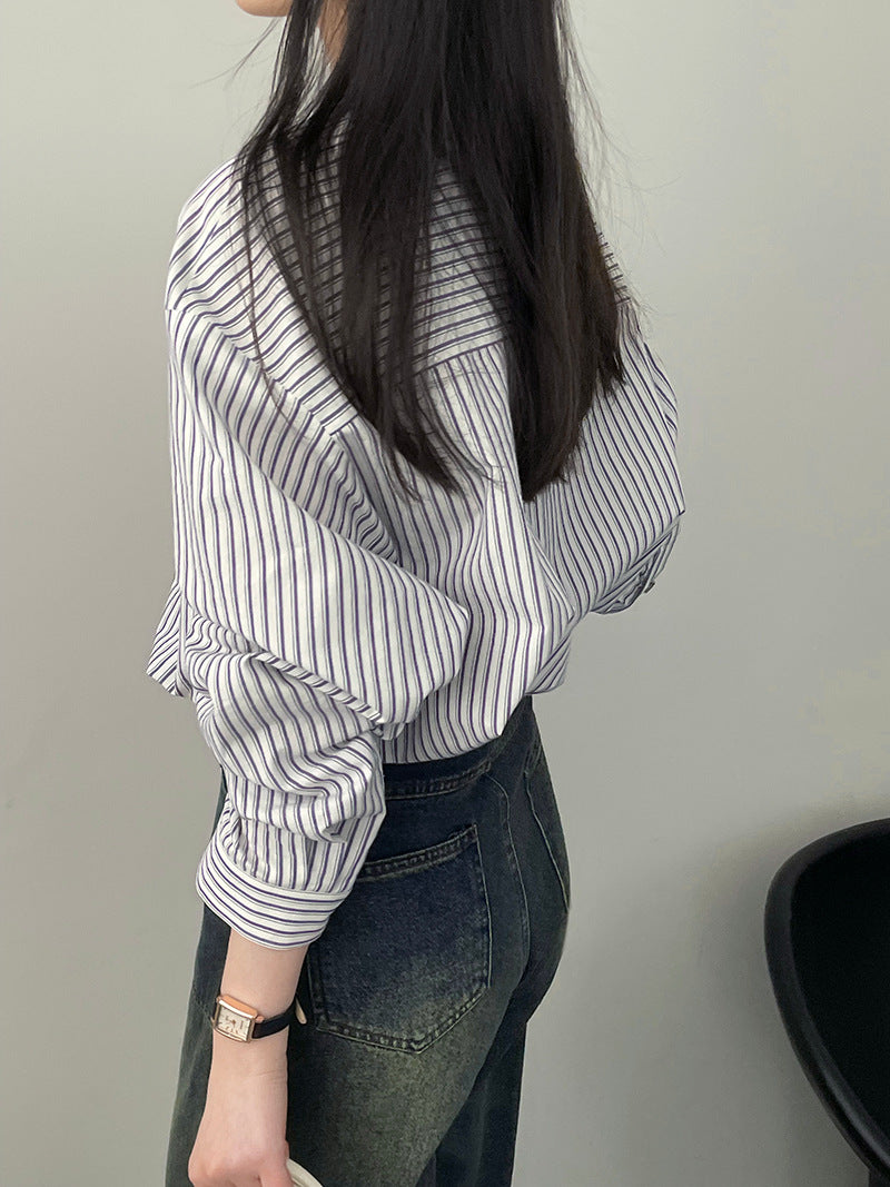 日系文藝條紋寬鬆長袖襯衫-2色
