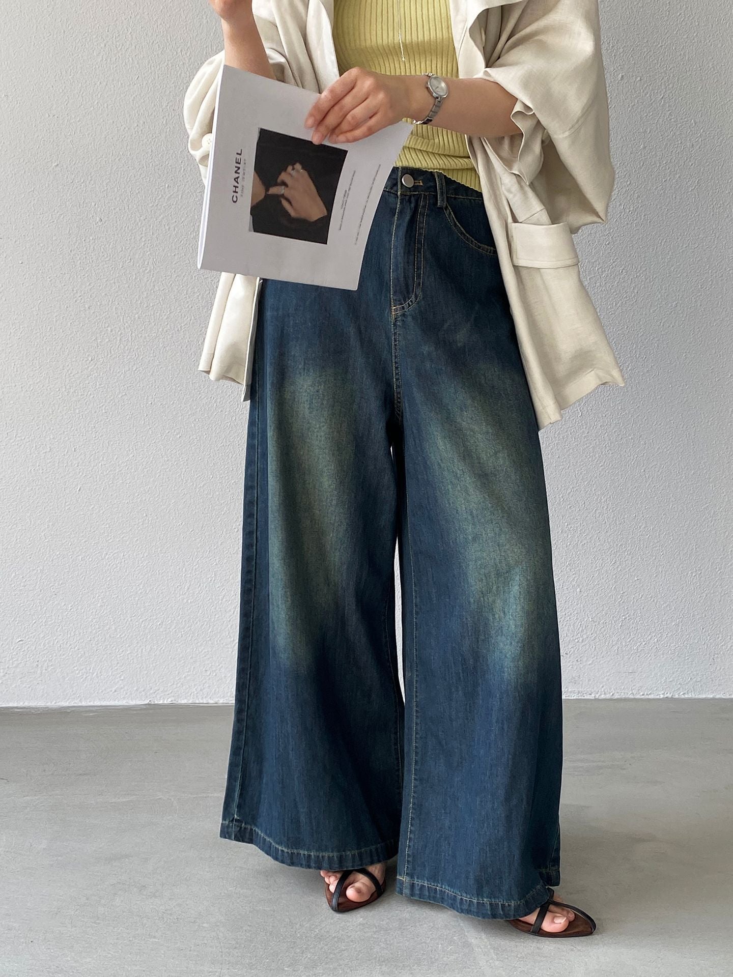 韓版復古高腰做舊闊腿牛仔褲