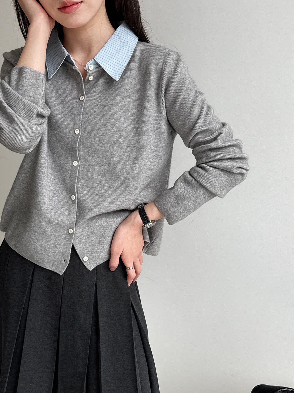 慵懶風撞色假兩件拼接針織開衫襯衫-3色