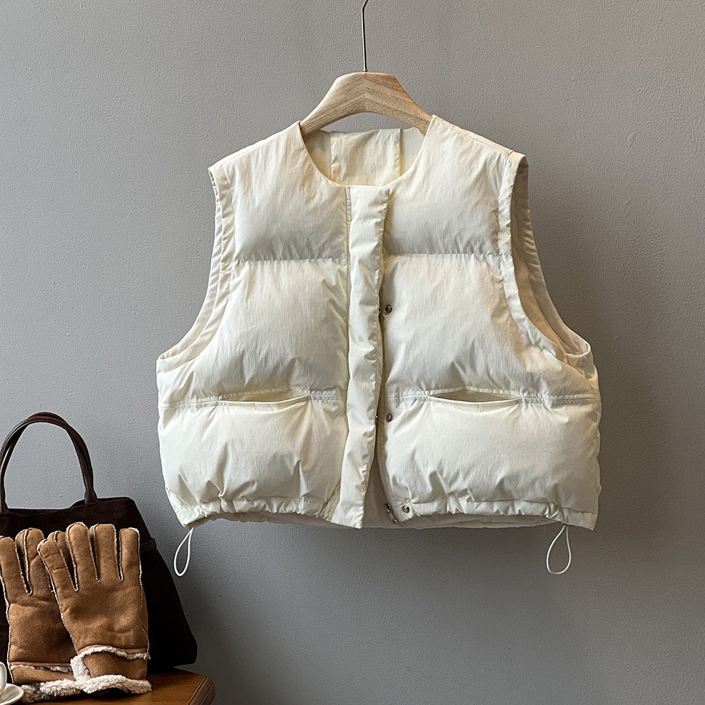 日系圓領短款寬鬆羽絨馬甲背心-2色