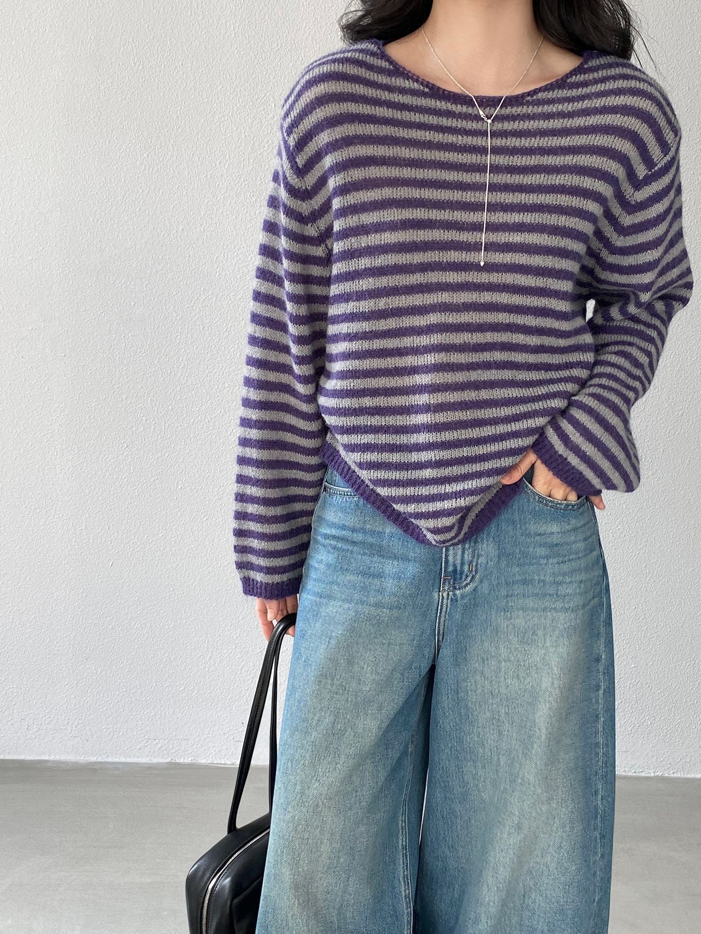 韓系寬鬆慵懶風休閒感撞色條紋針織衫-4色