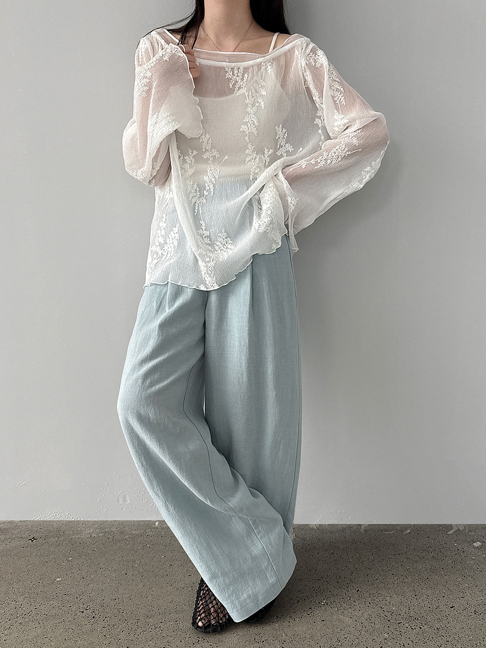 韓系亞麻垂墜感鬆緊腰闊腿褲-3色