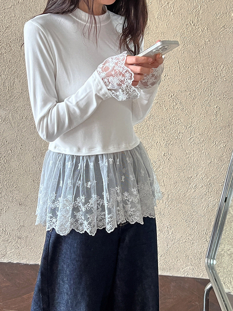 韓系蕾絲花邊拼接顯瘦長袖上衣-3色