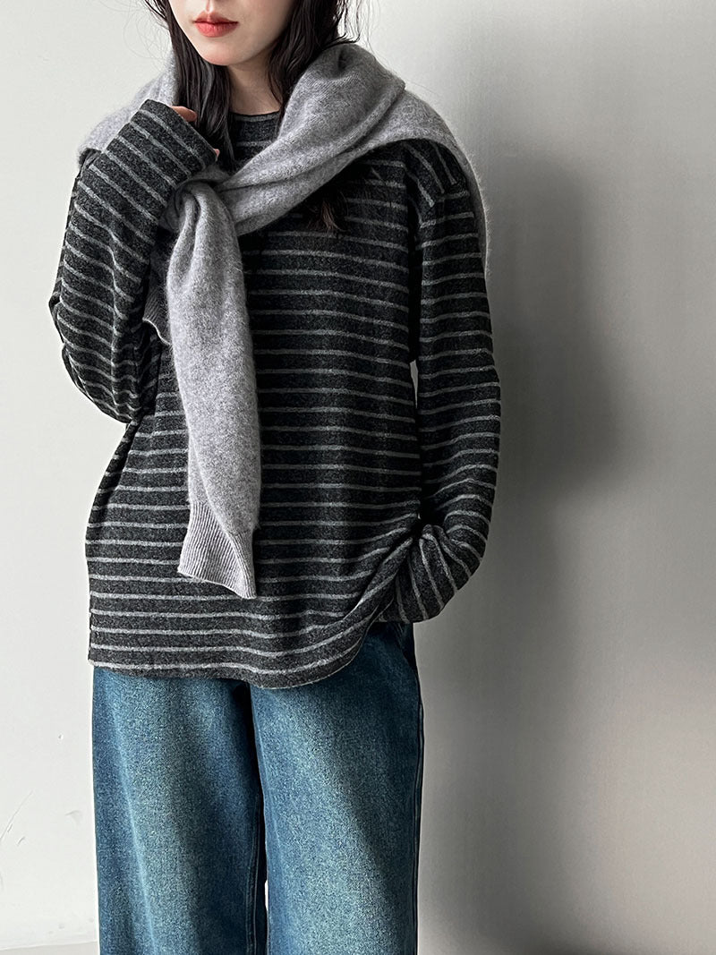 肌理感磨毛撞色條紋慵懶感寬鬆長袖上衣