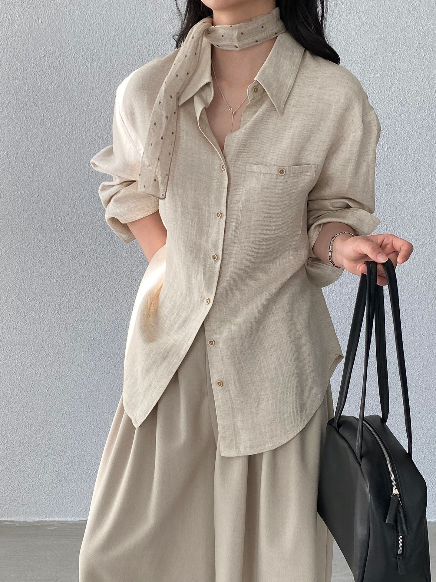 老錢風亞麻不規則翻領休閒寬鬆襯衫-2色