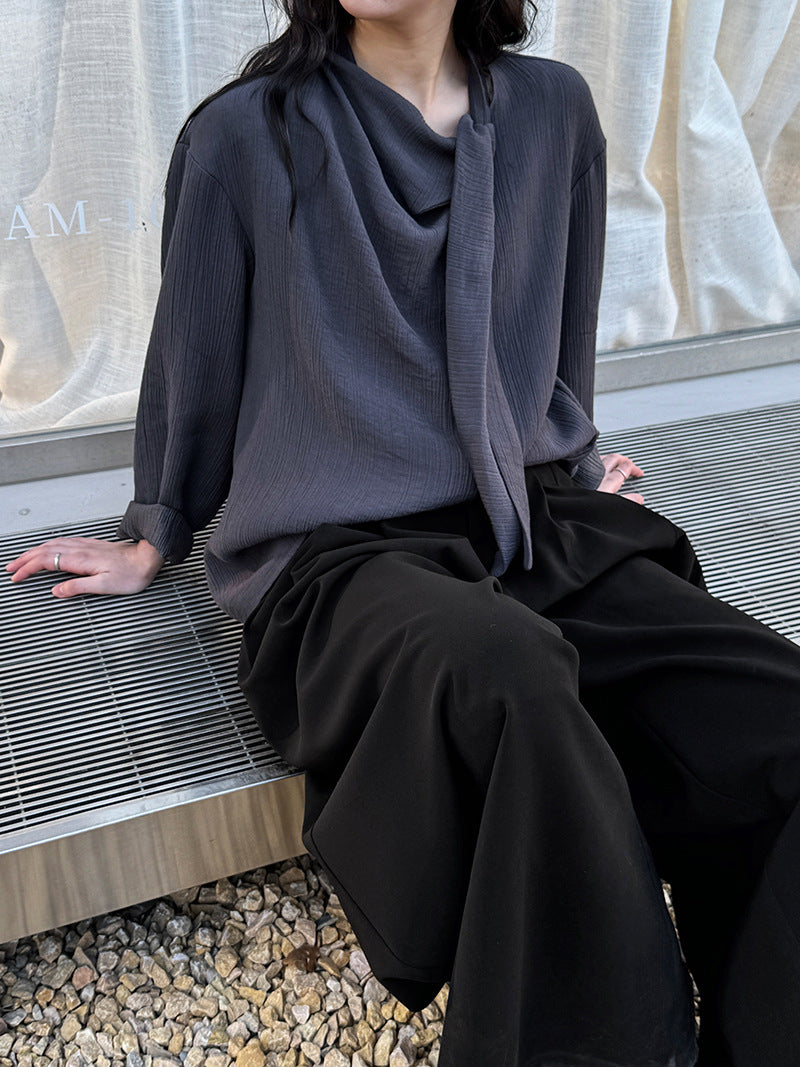 復古氣質飄帶肌理感繫帶襯衫-2色