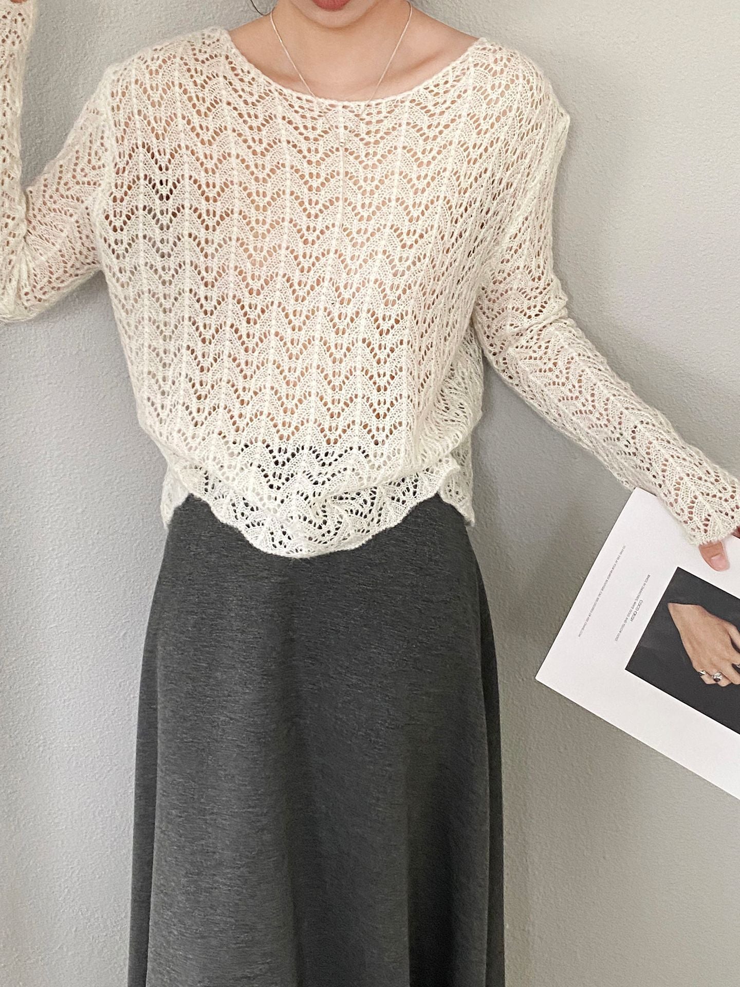 韓系鏤空鉤花V領套頭針織罩衫-4色