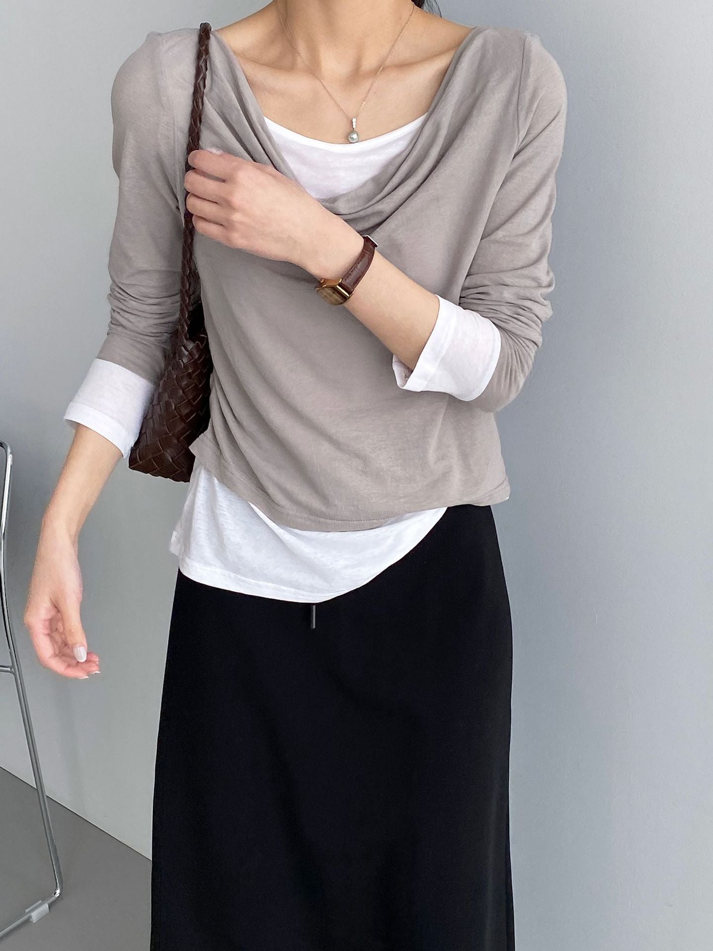 韓系清冷溫柔蕩領修身顯瘦假兩件T恤