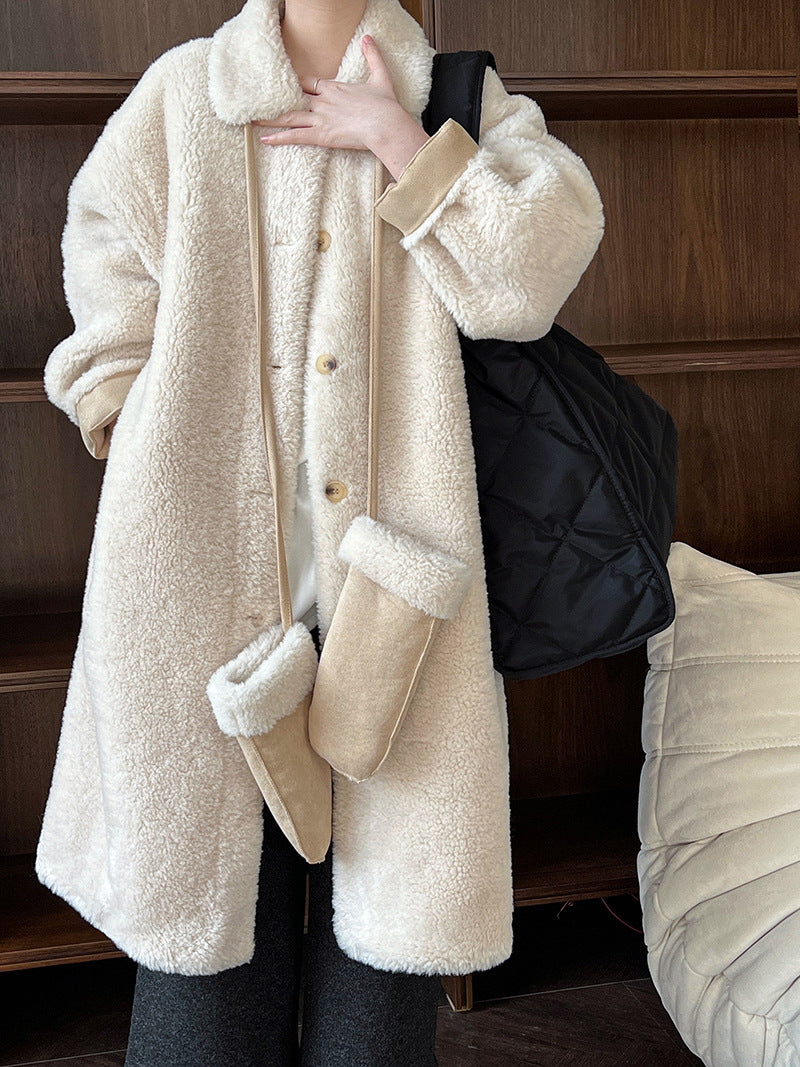 韓版翻領配手套羊羔毛大衣外套