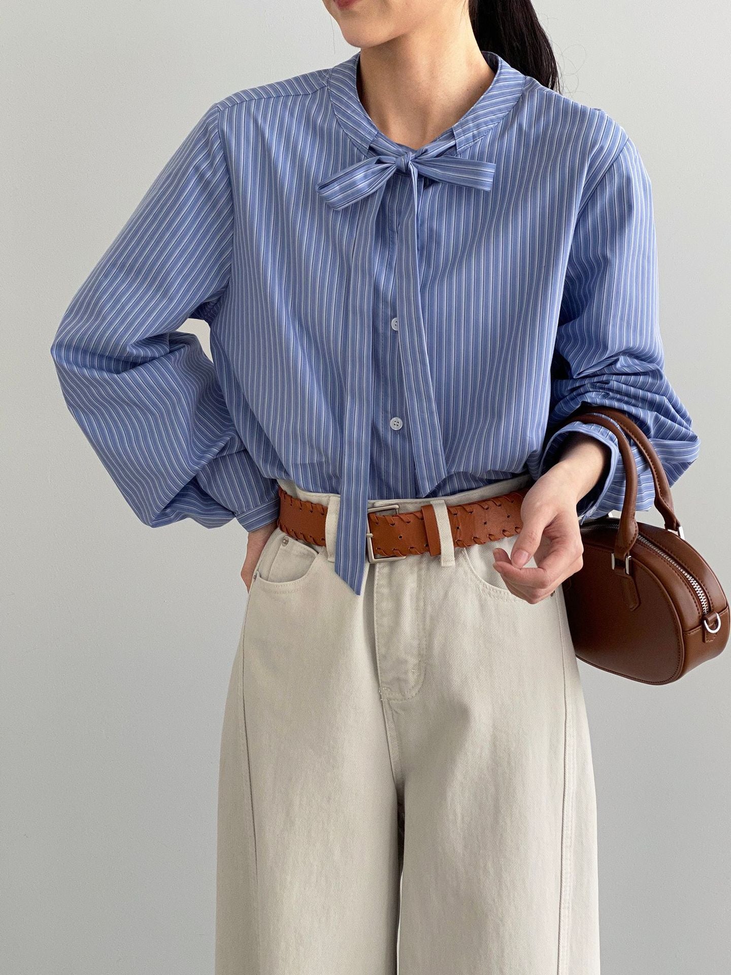韓系圓領通勤氣質繫帶蝴蝶結條紋襯衫