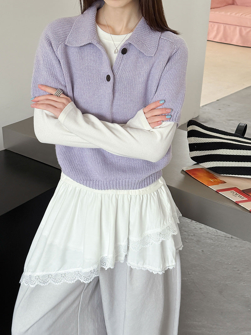 韓系氣質疊穿簡約Polo領針織顯瘦短袖毛衣-3色