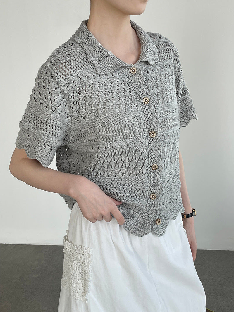 韓系復古鉤花鏤空翻領短袖針織開衫上衣-2色