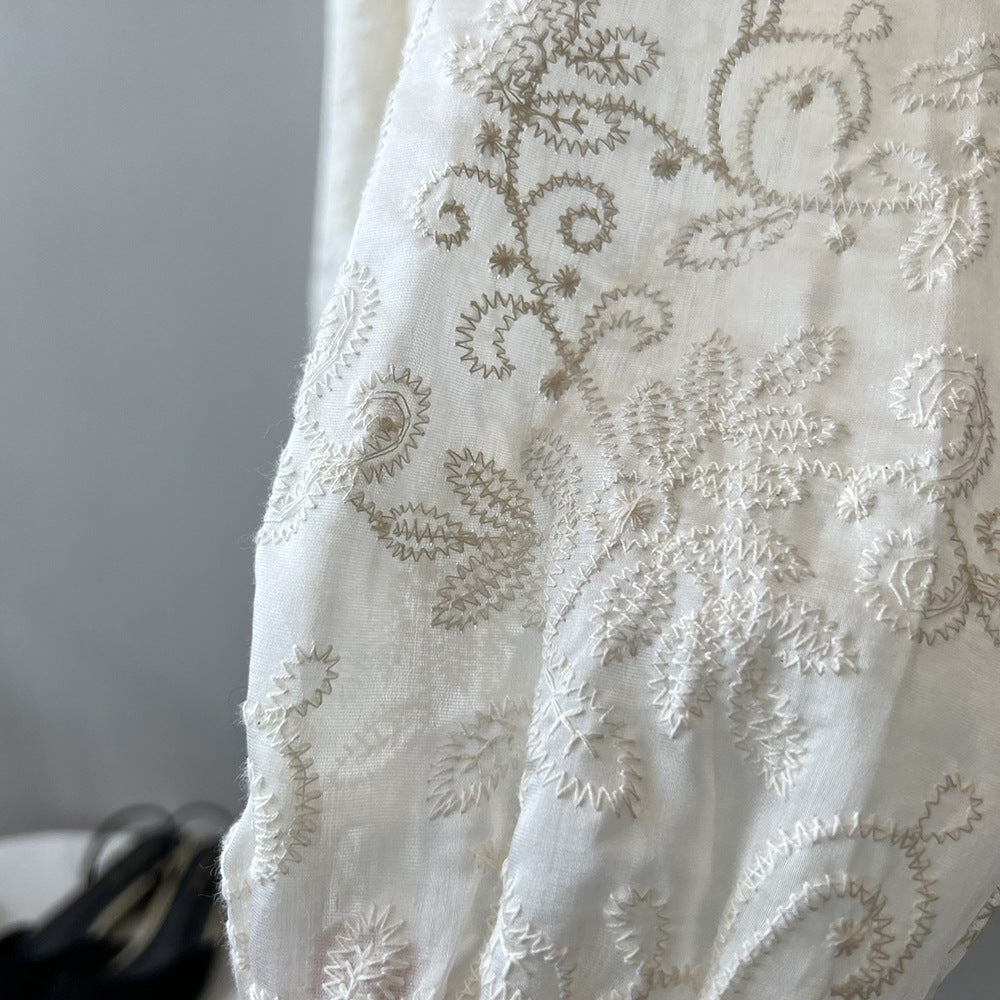 天絲刺繡長袖氣質刺繡上衣+短褲兩件套