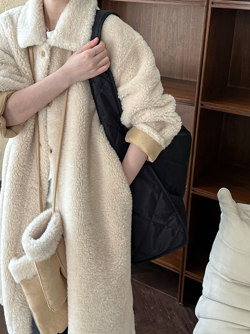 韓版翻領配手套羊羔毛大衣外套