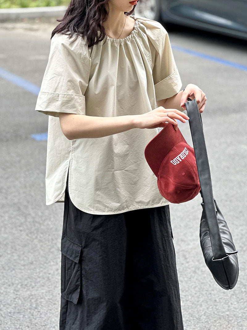 寬鬆純色中袖減齡設計休閒上衣-3色