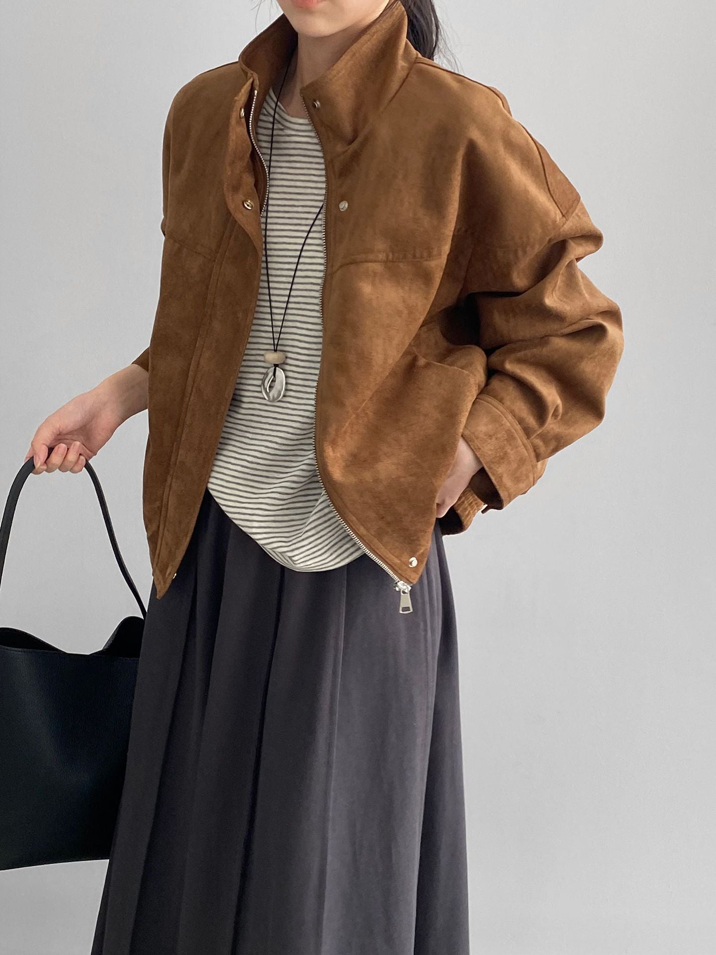 復古美拉德翻領休閒百搭立領麂皮絨夾克外套-2色