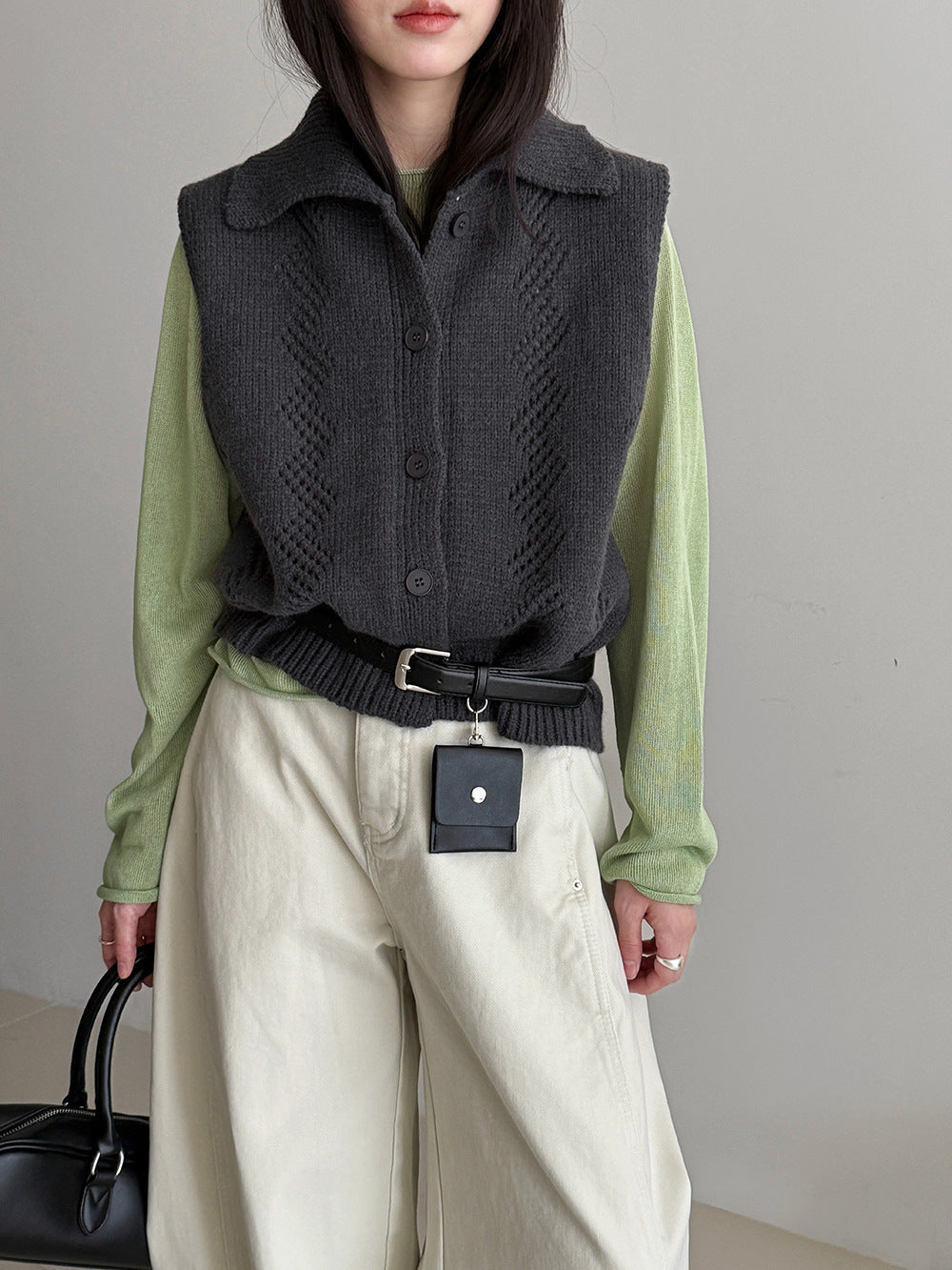 韓系翻領鏤空鉤花無袖坎肩針織馬甲背心-3色