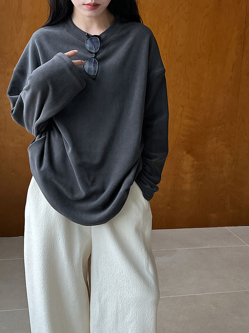 韓系軟糯搖粒絨磨毛百搭圓領長袖打底衫-2色