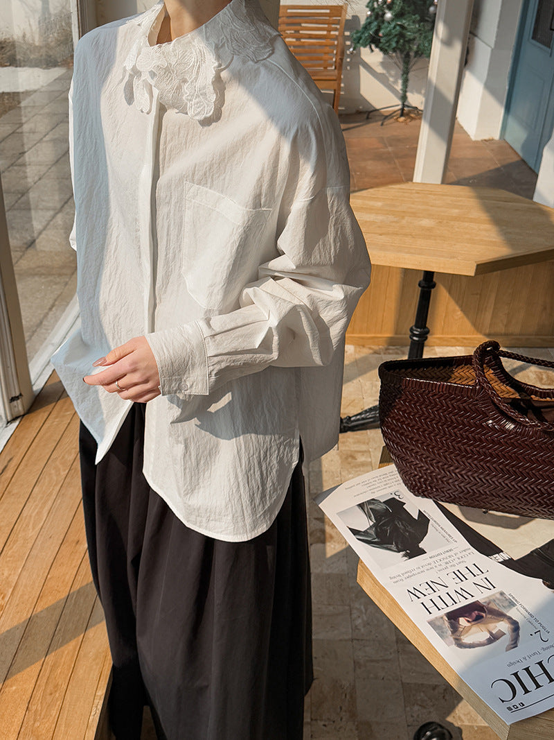 法式高級感時尚花邊蕾絲翻領長袖襯衫