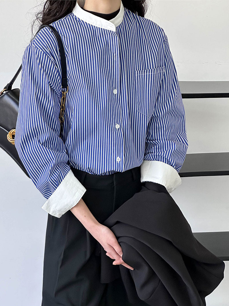 韓系圓領設計藍條紋襯衫
