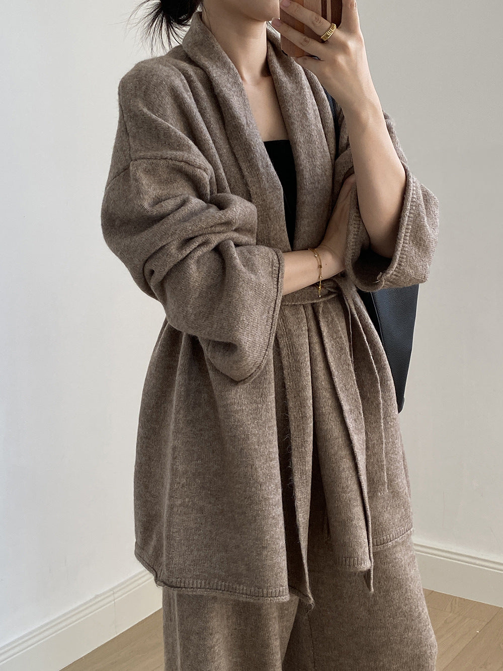 高級慵懶風繫帶針織開衫+高腰闊腿褲-兩件式套裝-3色