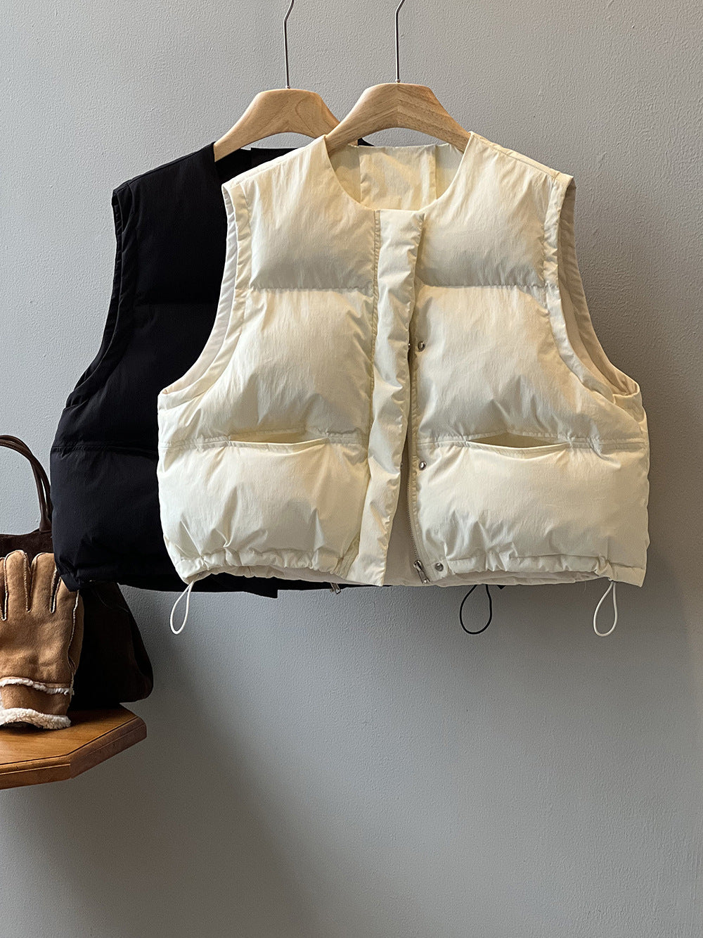 日系圓領短款寬鬆羽絨馬甲背心-2色