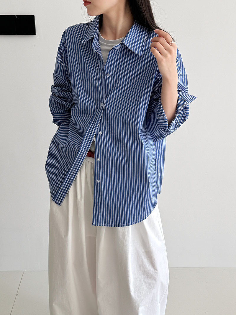 簡約寬鬆落肩休閒直條紋襯衫-2色