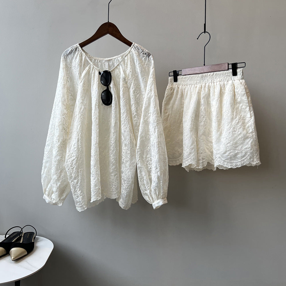 天絲刺繡長袖氣質刺繡上衣+短褲兩件套