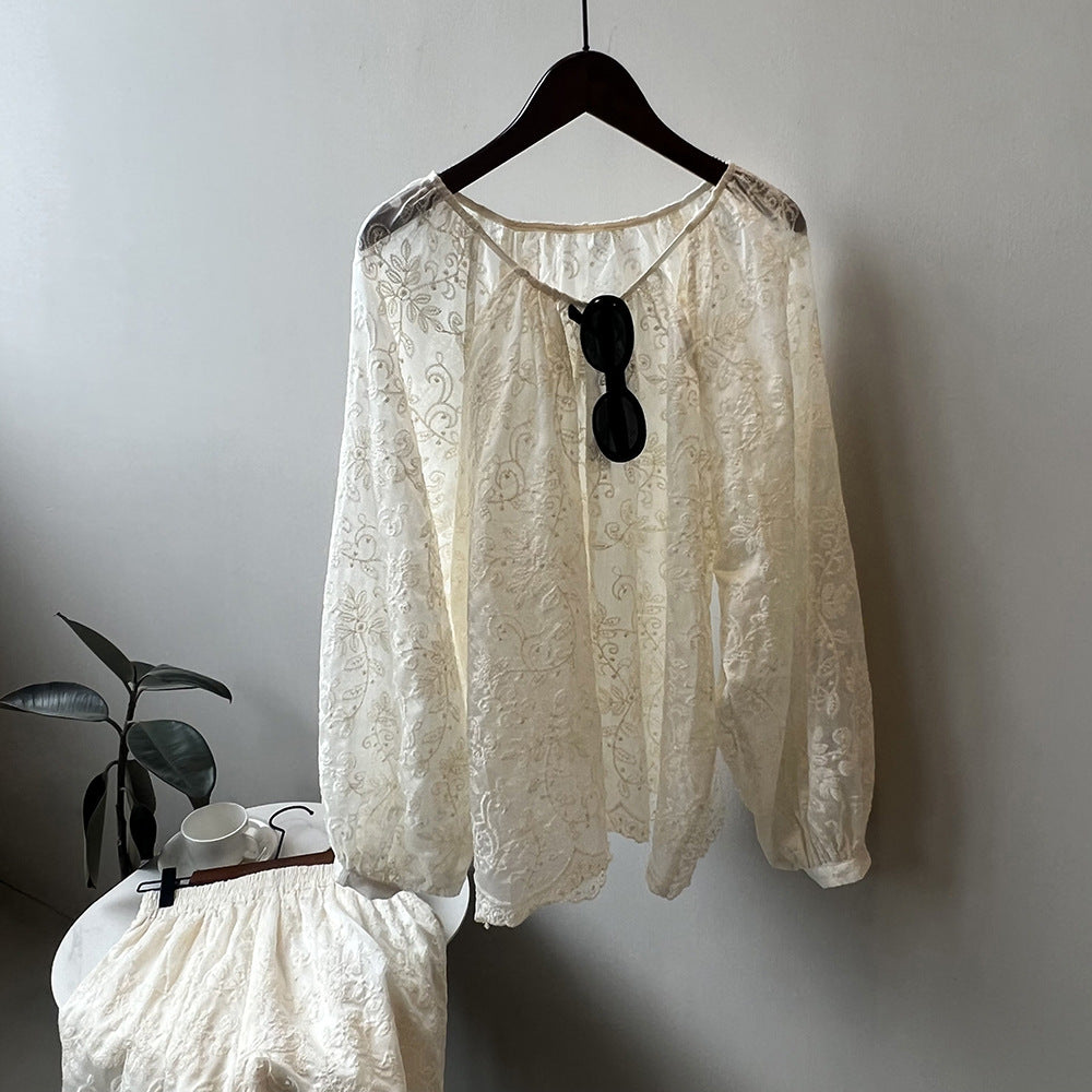 天絲刺繡長袖氣質刺繡上衣+短褲兩件套