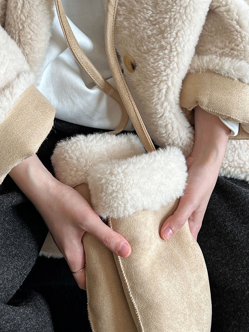 韓版翻領配手套羊羔毛大衣外套