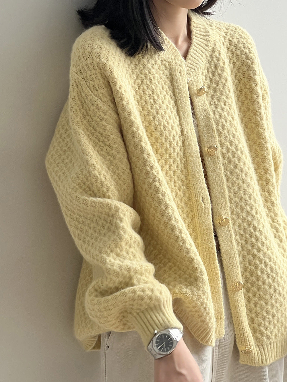 菠蘿紋愛心慵懶扣軟糯針織開衫-3色