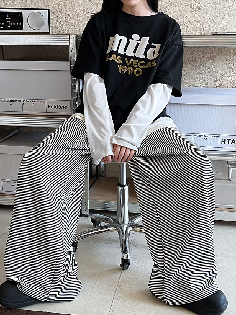 條紋寬鬆抽繩運動休閒闊腿褲