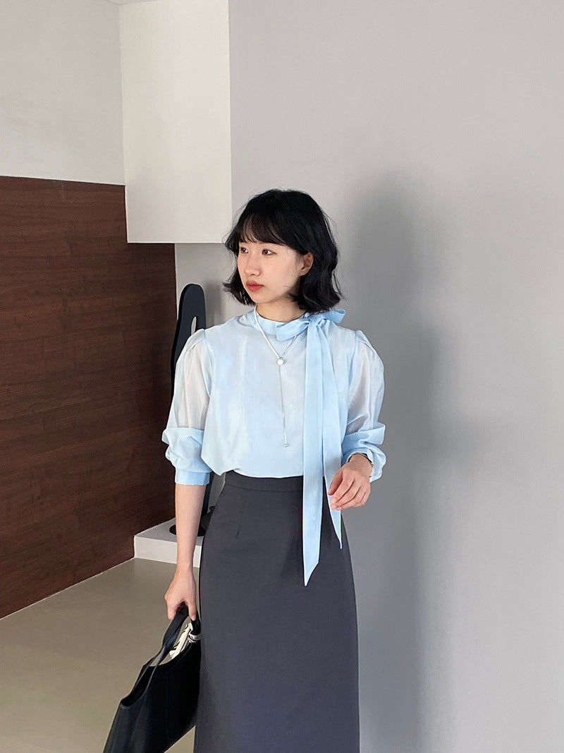 天絲蝴蝶結飄帶半高領長袖襯衫