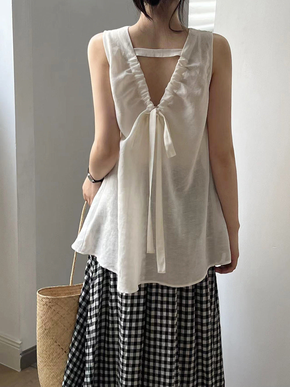 (48H出貨)韓系天絲亞麻無袖寬鬆甜美襯衫-2色