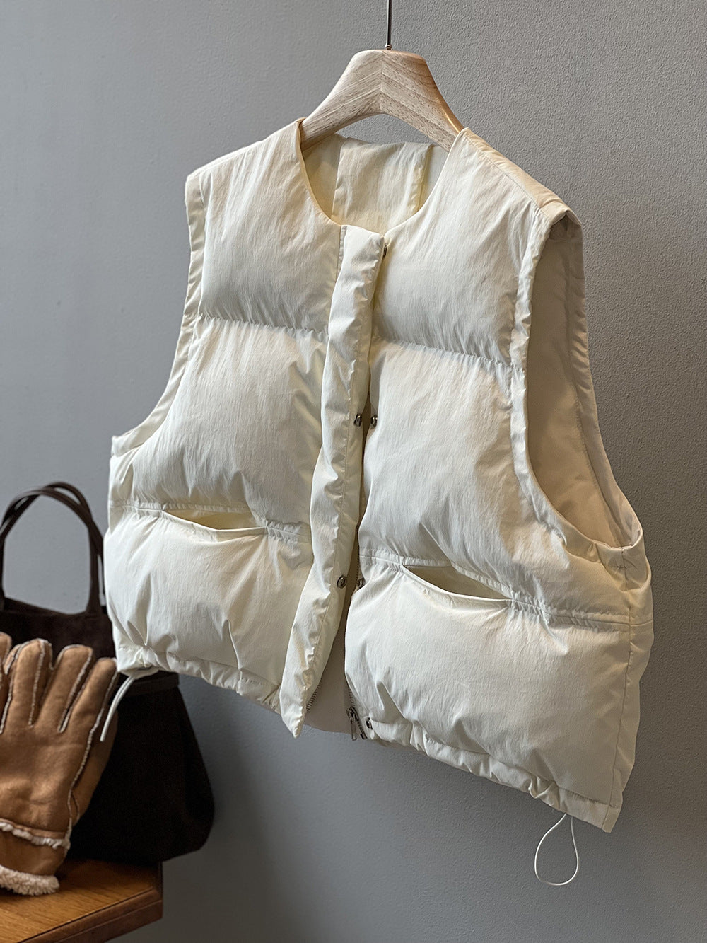 日系圓領短款寬鬆羽絨馬甲背心-2色