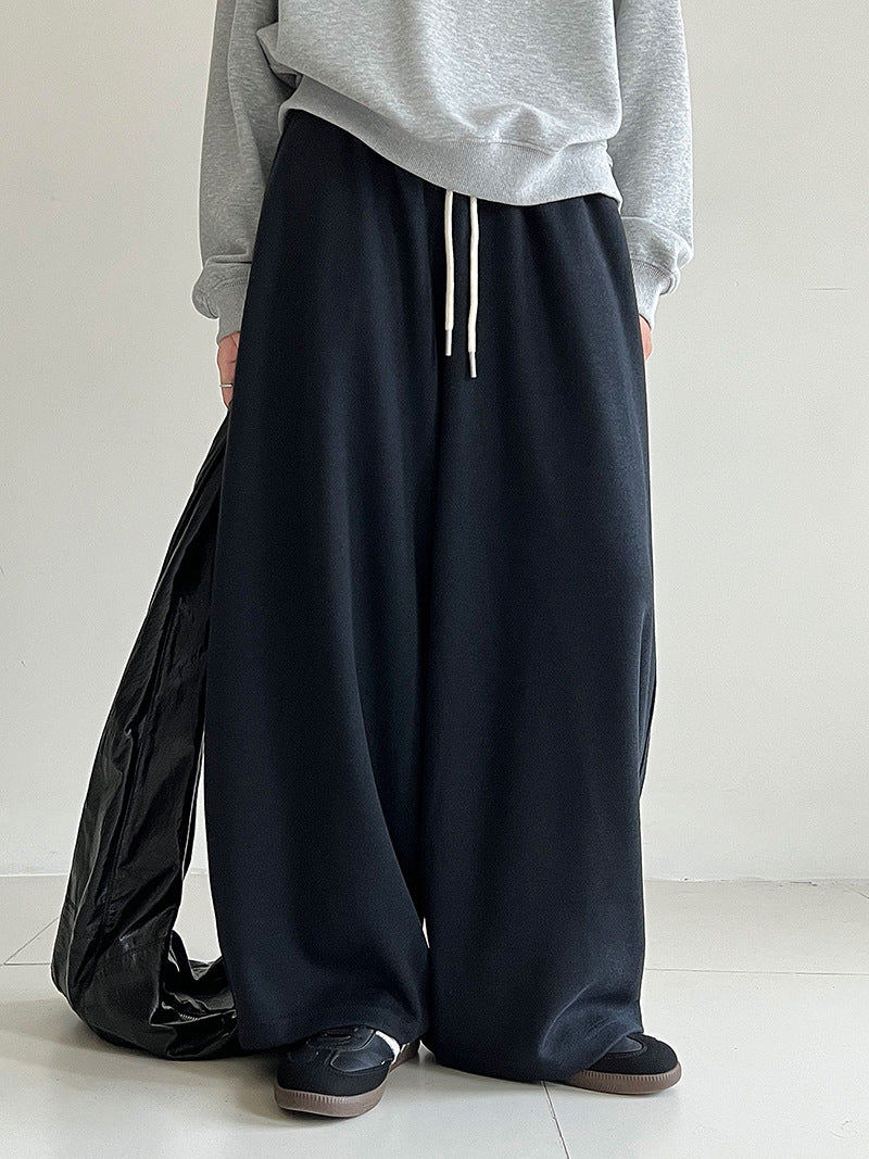 休閒風百搭高腰垂感顯瘦抽繩闊腿休閒褲-2色