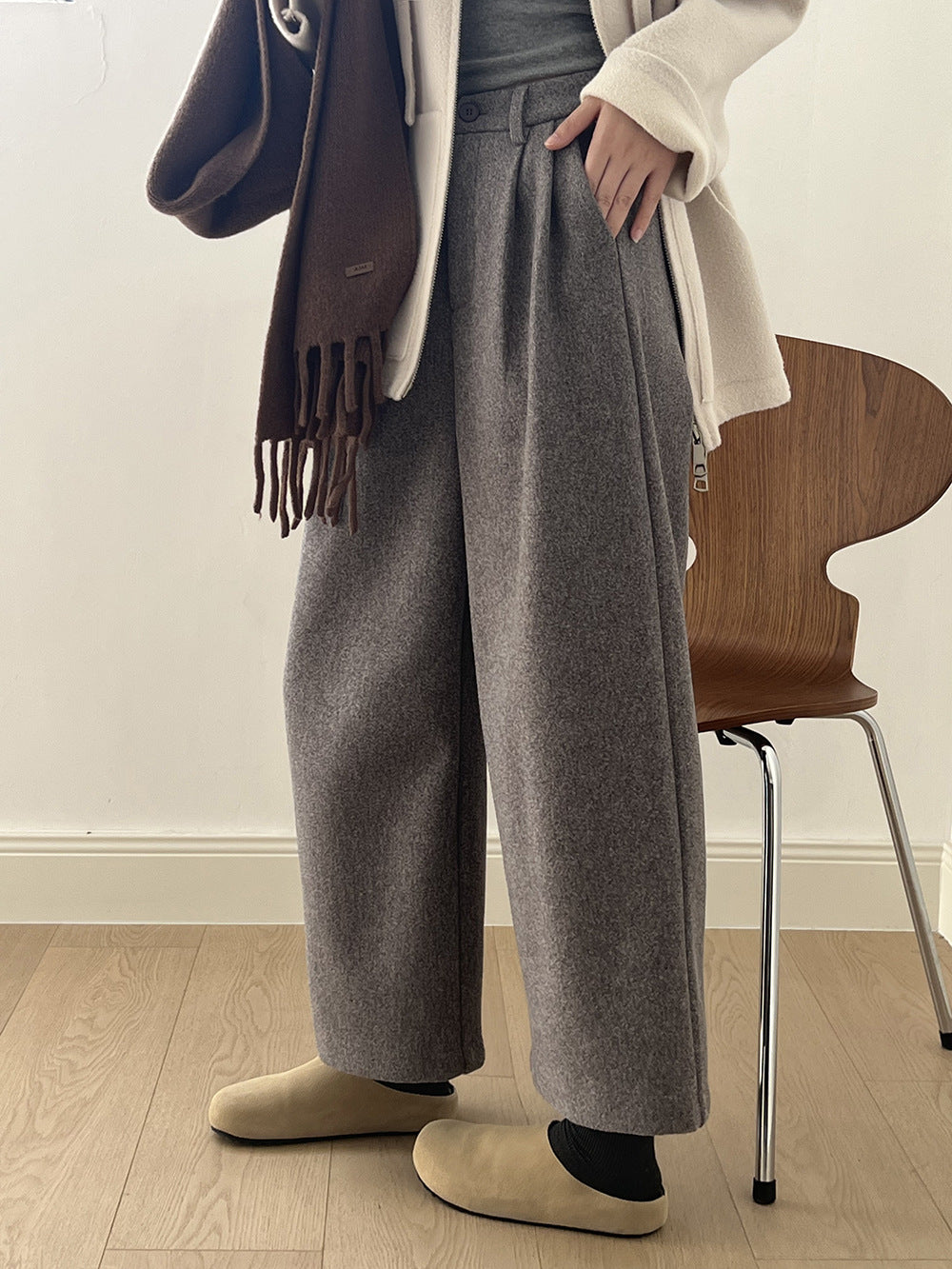 (48H出貨)毛呢高腰毛呢寬鬆直筒九分褲-2色