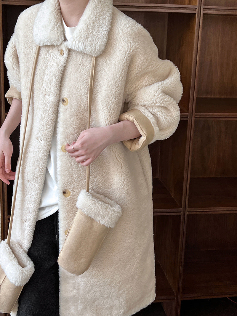 韓版翻領配手套羊羔毛大衣外套