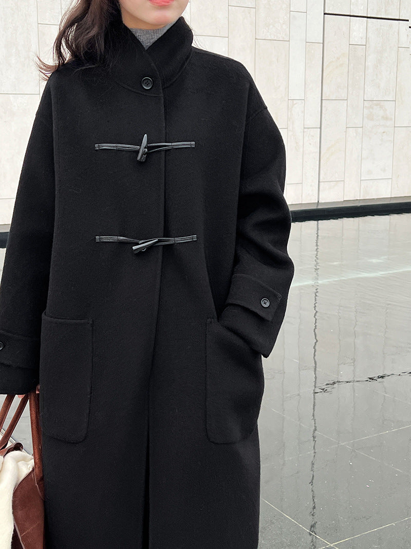 復古立領牛角扣羊毛雙面毛呢大衣外套