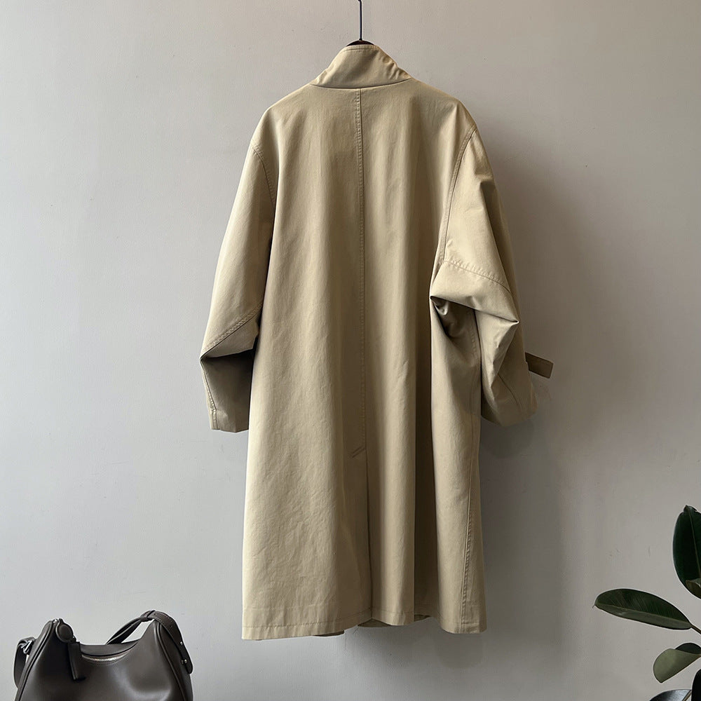 立體領口寬鬆長版風衣外套-2色