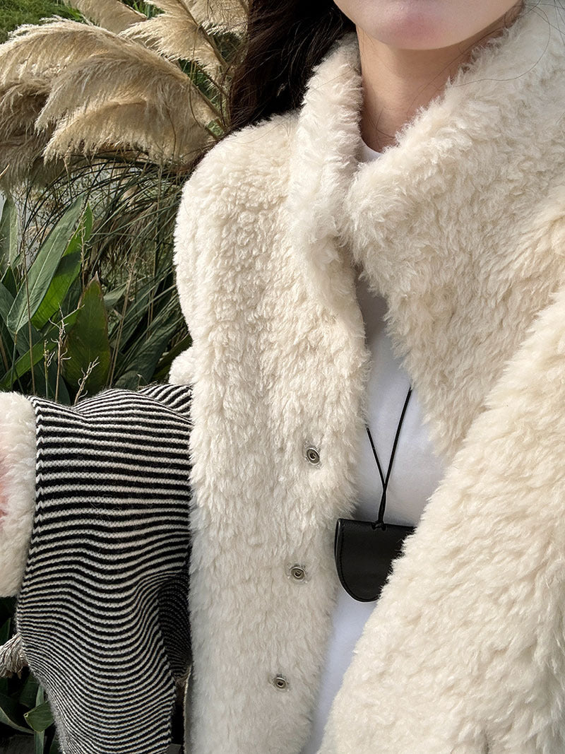 美拉德立領羊羔毛皮毛一體外套大衣-2色