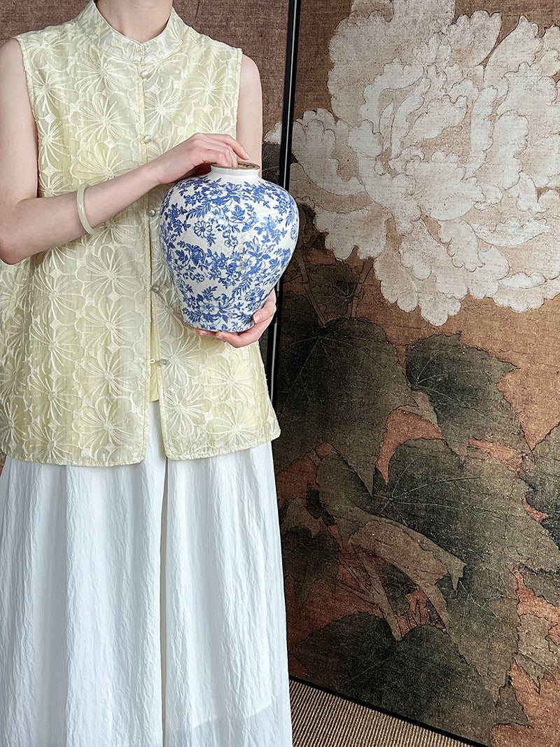 (48H出貨)古典天絲刺繡勾花馬甲背心-2色